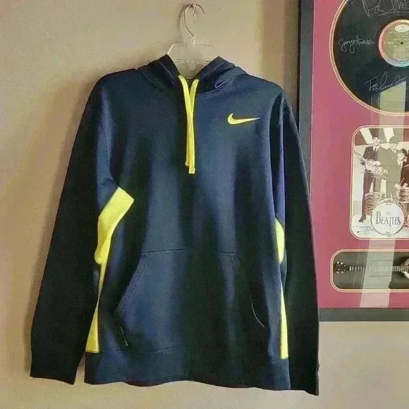 Nike Mens Medium Therma Fit Knockout Hoodie Sweatshirt Dark Blue /Neon Yellow - Picture 2 of 11
